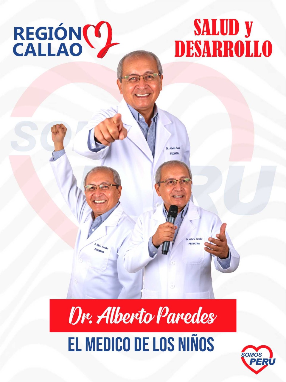 Dr. Alberto Paredes en tres poses — El Médico de los Niños — Región Callao — Salud y Desarrollo